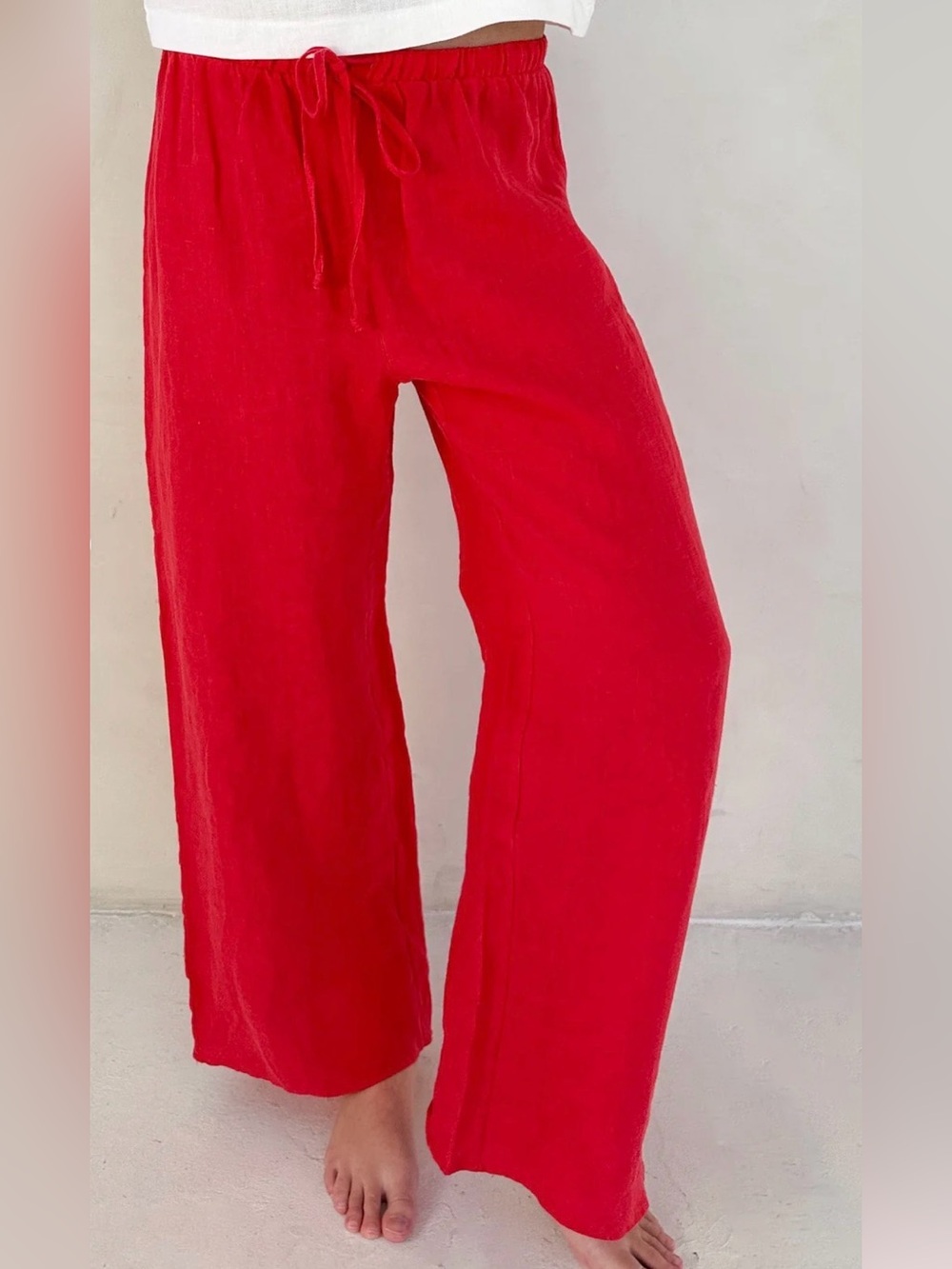 NEUTRAL GROUND 100% Red Linen Wide-Leg Pants. Waist 16-20”. Rise 12”. Inseam 28